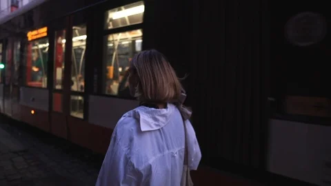Tram passing by, Prague city center, girl walking 스톡 동영상 123739151