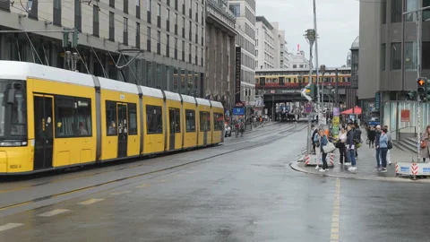 A tram passing on a street in Berlin. Stock Footage 302286808