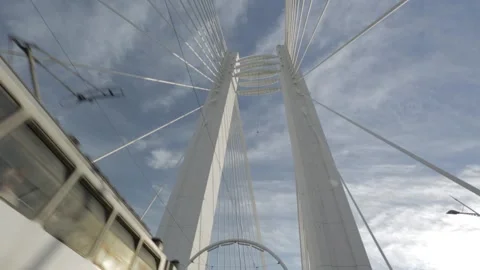 Tram passing on white Bridge in Bucharest Romania Stock Footage 151415668