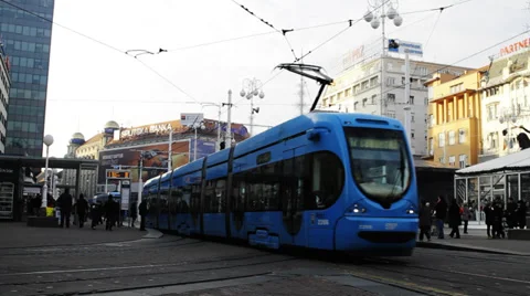 Tram passing by at Zagreb downtown Stock Footage 34413764