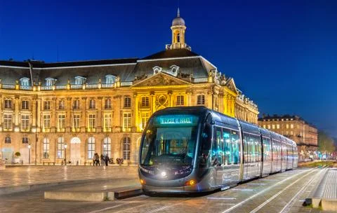 Tram on Place de la Bourse in Bordeaux, France Stock Photos