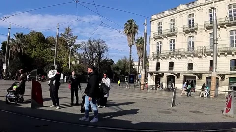 In the tram pulling away from Gare Saint-Roch - République onto Rue Jules Ferry Vídeo Stock 308267060