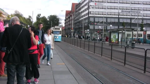 Tram pulling in to station in Gothenburg Stock Footage 55786458