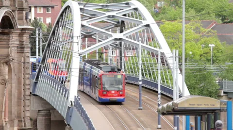 Tram pulls into sheffield station, yorkshire, england Stock Footage 38813772