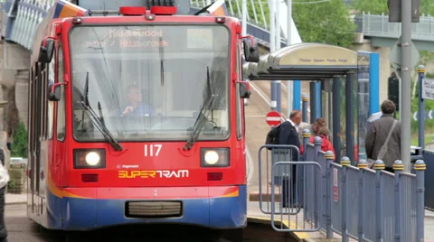 Tram pulls into sheffield station, yorkshire, england Stock Footage 38813910