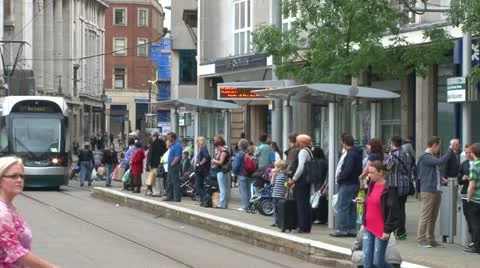 Tram Pulls into Stop Stock Footage 18009432