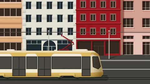 The tram rides through the streets of the city Stock Footage 156765700