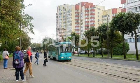 Tram road on Dauman street in Minsk. Left embankment of the Svisloch River Stock Photos