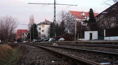 Tram rushes through on it's track in Budapest, Hungary. Stock Footage 46219907