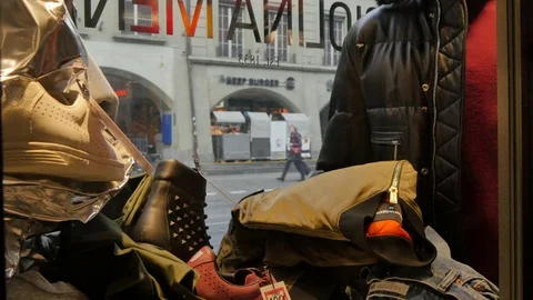 Tram seen through shop window, Marktgasse, Bern, Canton of Bern, Bernese Stock Footage
