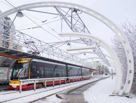 Tram in  snowfall Stock Photos