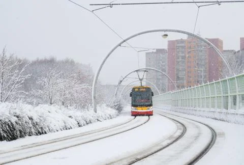 Tram in  snowfall Stock Photos