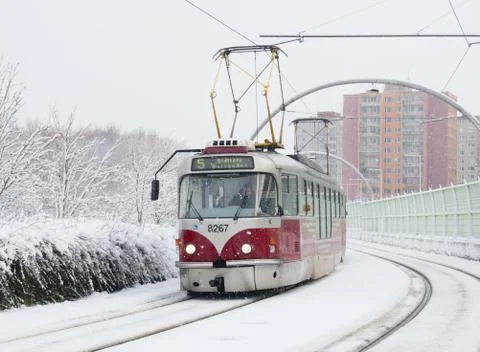 Tram in  snowfall Stock Photos