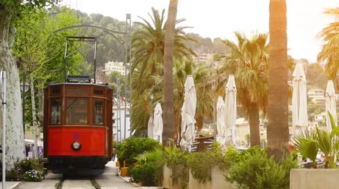 Tram to Soller in Port de Soller, Mallorca, Spain Stock Footage 63163237