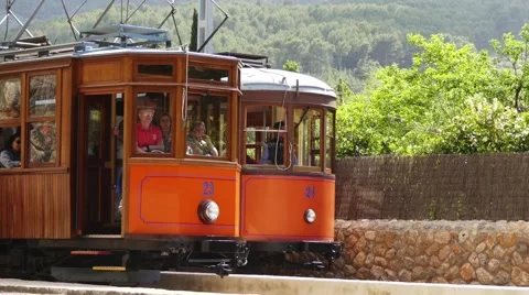 Tram to Soller in Port de Soller, Mallorca, Spain Stock Footage 63330076