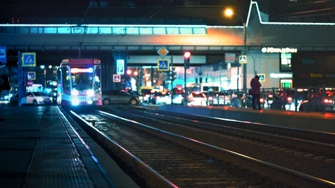 Tram Station at night. Night cityscape. Stock Footage 118817853
