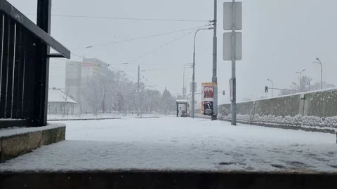 Tram station in snowfall Stockbeeldmateriaal 232482838