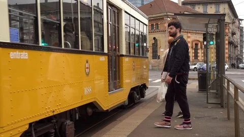 At the tram stop Stock Footage 104848679
