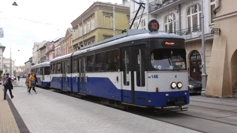 Tram stopping at the stop. 3517 Stock Footage 143854515