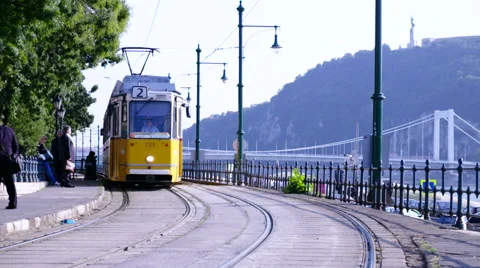 Tram stops at the tram stop Stock Footage 57186445