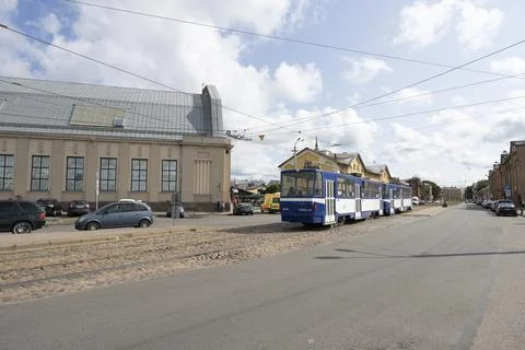 A tram on the street in Riga, Latvia Stock Photos