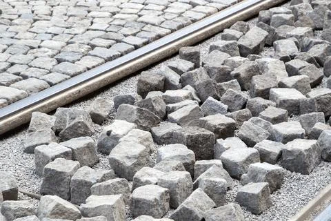 Tram track cobblestone paving process Foto stock