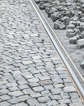 Tram track paving process Stock Photos
