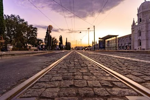 Tram tracks in front of Jeronimos monastery in Lisbon Stock Photos