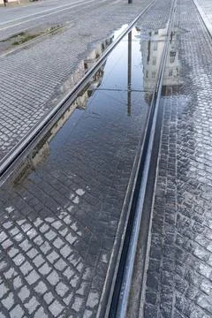 Tram tracks with a reflective puddle on a cobblestone street Stock Photos