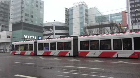 Τhe tram train stopped to pick up passengers in Tallinn city Stock Footage 146146090