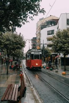 Tram traveling through the streets of Istanbul, Turkey. Stock Photos