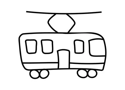 Tram, trolleybus side view Doodle style. Isolated drawn public city transport Stock Illustration