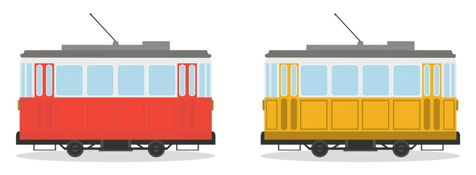 Tram, two retro trams with shadow isolated on white background. Vector Stock Illustration