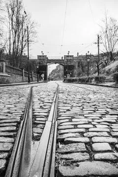 Tramlines through the cobblestones Stock Photos