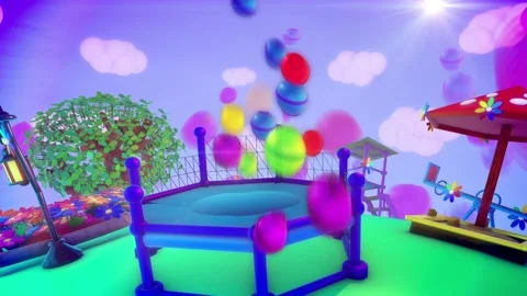 Trampoline on the playground. Colored balls are falling from summer sky. Stock Footage 162094399