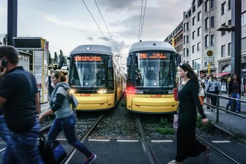 Trams in Berlin, Germany, in the evening. Stock Photos