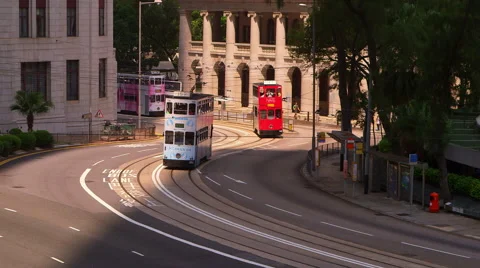 TRAMS BUSES DES VOEUX ROAD CENTRAL HONG KONG Stock Footage 67009231