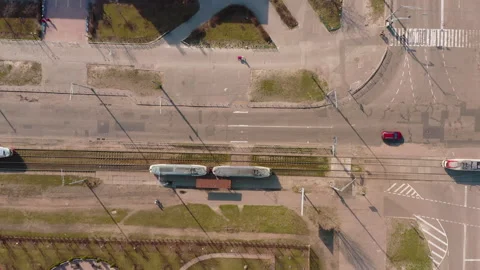 Trams cross on the route. several tramways go in different directions Stock Footage