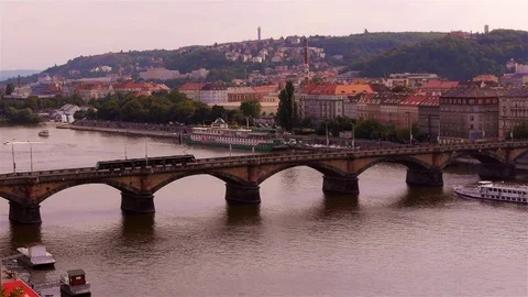 Trams crossing bridge in Prague Stock Footage 82707376