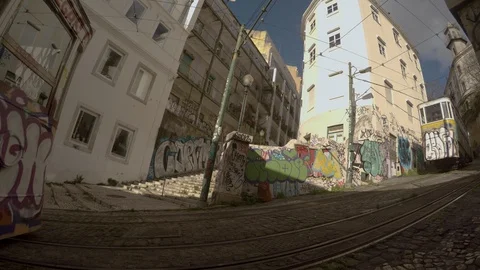 Trams crossing path in front of camera 4K Stock Footage 94973534