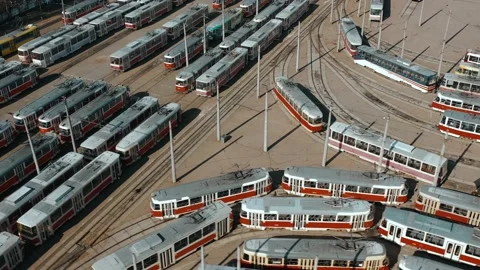 Trams in the depot parked, view from above. Stock Footage 142318986