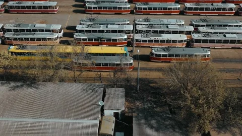 Trams in the depot parked, view from above. Stock Footage 143024648