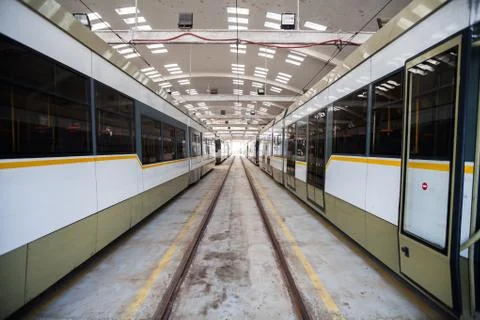 Trams in depot Stock Photos