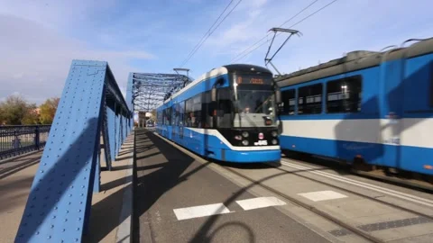 Trams go over the bridge. 3734 Stock Footage 142997686