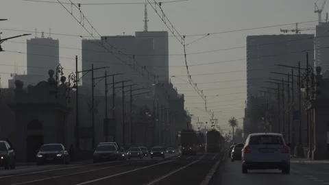 Trams going along the street Stock Footage 147626996