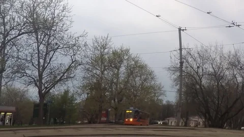 Trams At Last Stop in the spring evening Timelapse Stock Footage 82050233