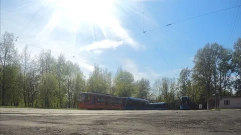 Trams at the last stop on a summer day timelapse Stock Footage 87232224