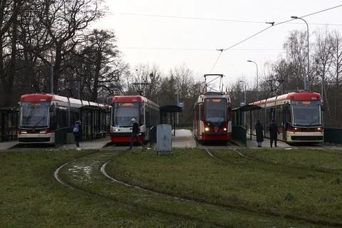 Trams Lined Up at the Final Stop Stock Photos