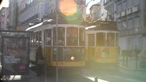 Trams in Lisbon - Beautiful Sun Video stock 208150932