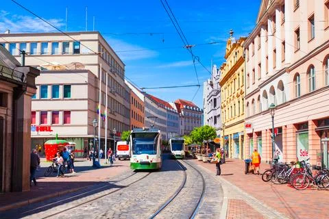 Trams at Moritzplatz square in Augsburg, Germany Stock Photos
